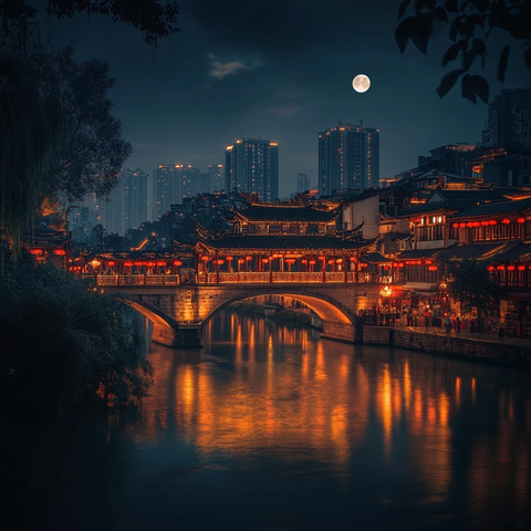 古桥夜景下的城市风光