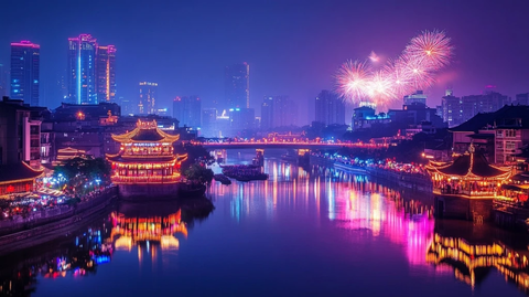 夜景中的城市河流与绚烂烟花