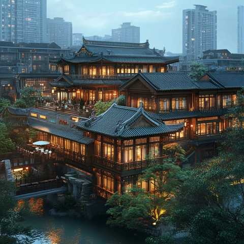 古色古香中式建筑夜景全景