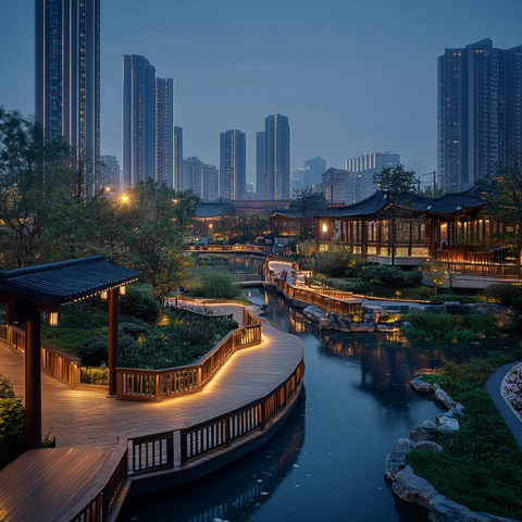 城市中现代建筑与古典园林融合的景观