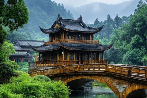 古桥边的传统中式楼阁