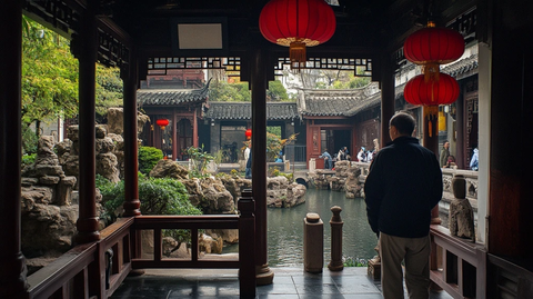 中式庭院中男子赏景的场景