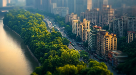 绿树环绕的城市街道鸟瞰图