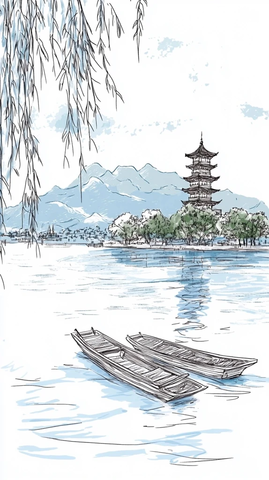 水上小船与古塔相映的江南美景