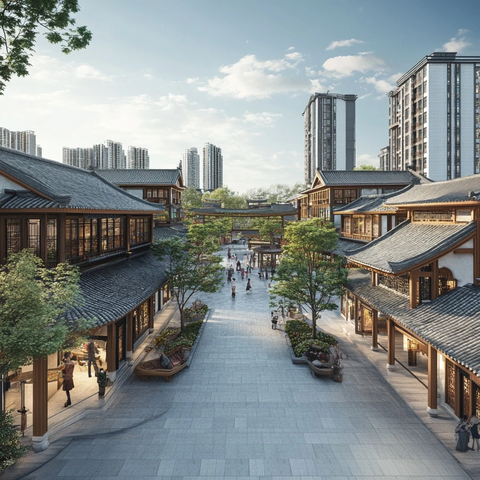 古色古香商业街与现代高楼相映成趣