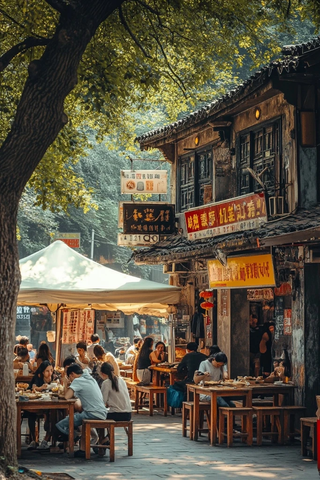 古街老店外顾客用餐的热闹景象