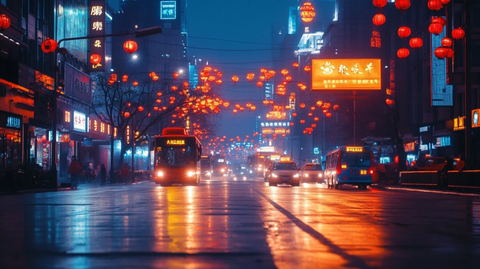 挂满红灯笼的城市街道夜景