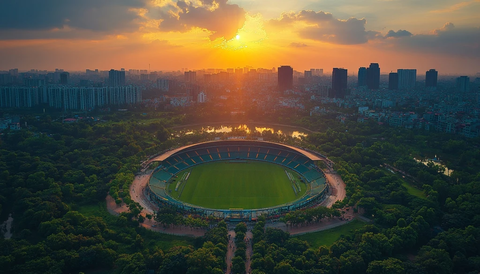 夕阳下被绿植环绕的城市体育场全景