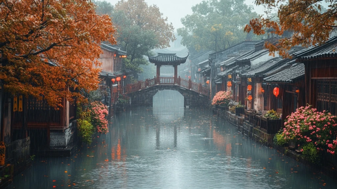 江南水乡雨中古桥与两岸建筑的美景