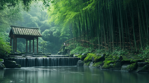 竹林间小溪旁的古朴亭子风景