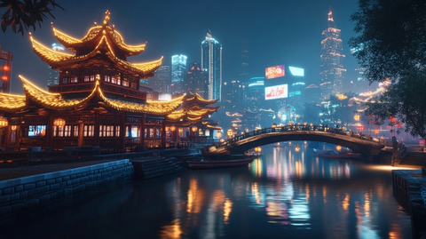 古桥流水旁的传统中式建筑夜景