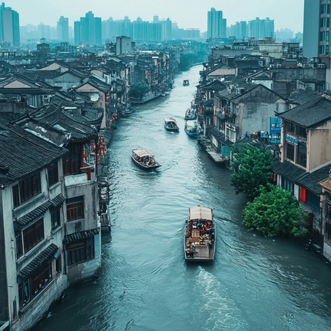 古色建筑夹河而建的江南水乡景观