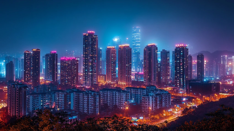 夜景下灯火辉煌的城市高楼建筑群