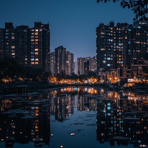 城市河畔夜景灯光倒影高楼景象
