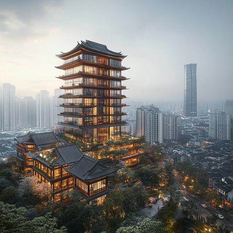 现代城市中极具古韵的楼阁建筑鸟瞰图