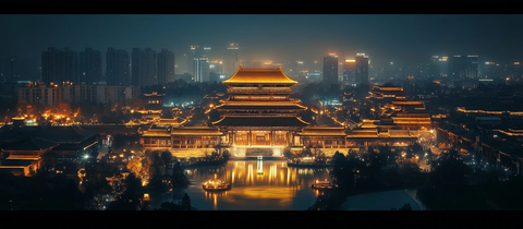 灯火辉煌的中式古建筑夜景
