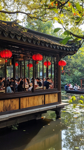 水边古建餐厅内坐满用餐的顾客