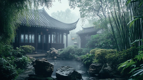雾气缭绕的中式庭院风景