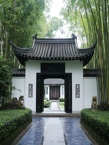 竹林中传统中式建筑的幽静之景
