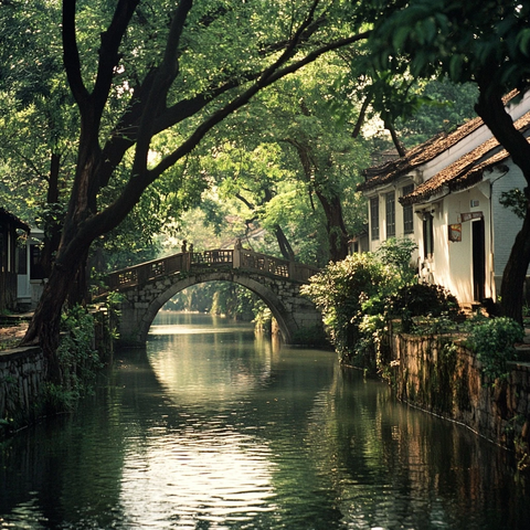 江南水乡有桥有屋的宁静河道景致