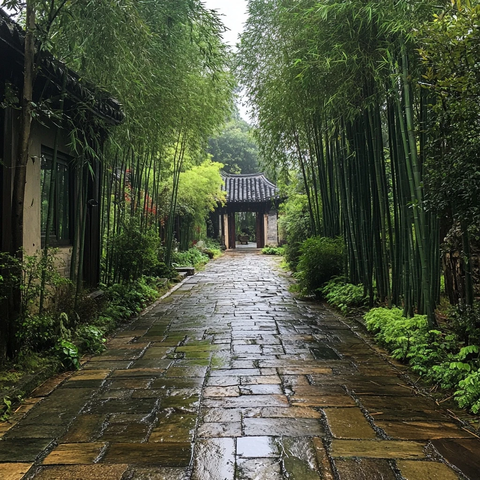 竹林中的石板小径与古朴亭子相映成趣