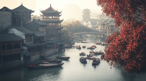 古色古香的中式建筑旁的河道