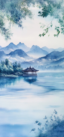 湖光山色中的中式凉亭全景