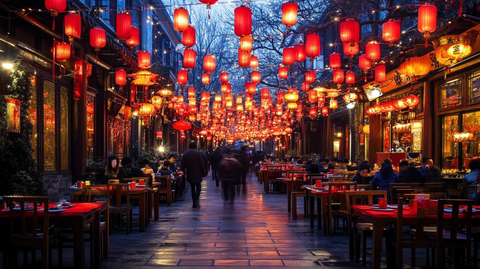 挂满红灯笼的特色街道夜景