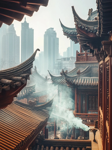 古寺庙与现代都市建筑相映成趣的景象