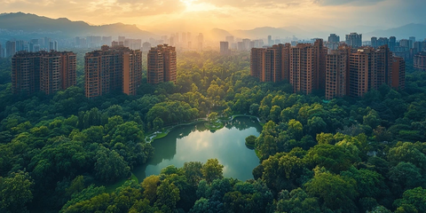 城市中湖泊绿地与高楼并存的景观