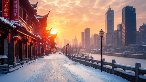 雪中古街与现代都市交融的景象