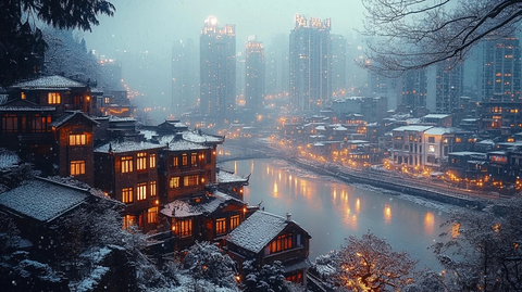 雪后城市夜景古建筑与现代高楼相映成趣