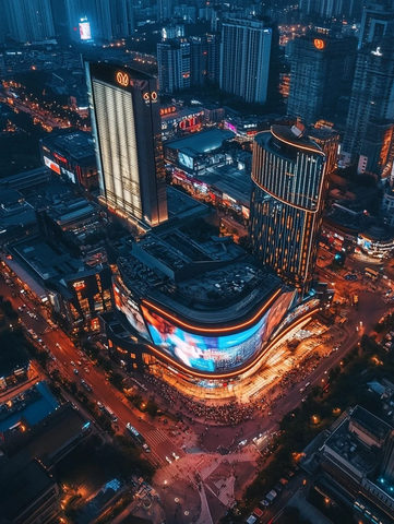 繁华都市夜景下的商业中心鸟瞰图