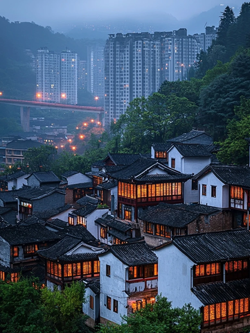 山村传统建筑与城市高楼的夜景对比