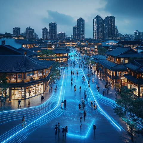 古街中的人群与背后林立的高楼夜景