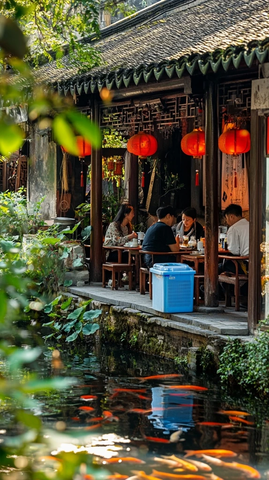 水边餐馆中人们惬意用餐的场景