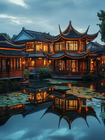 古色古香中式建筑夜景倒映水中