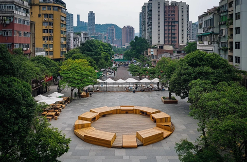 城市中的圆形木质座椅广场全景