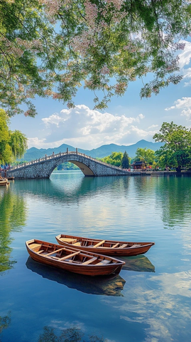 湖面上小船悠悠石桥横跨山水间