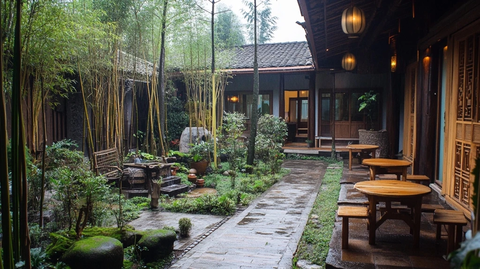 中式庭院景观绿植环绕的惬意休憩处