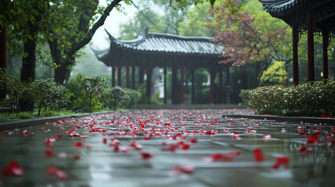 雨中古建筑庭院落花满地的唯美景色