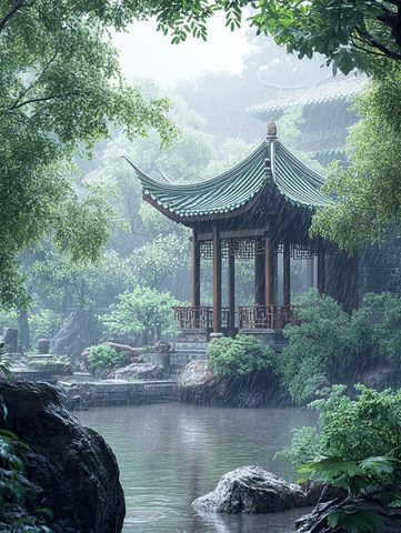 雨中江南园林景观中式亭子水景