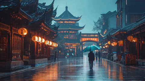 撑伞人走在古色古香的中式建筑街道上