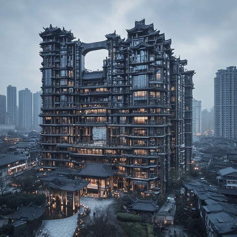 古式建筑风格的高层大楼夜景