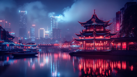 夜色下古建临水而立的城市夜景