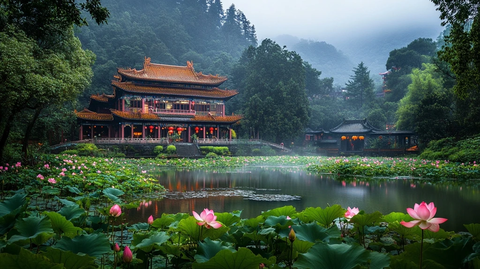 古色古香中式建筑与荷花池的优美景致