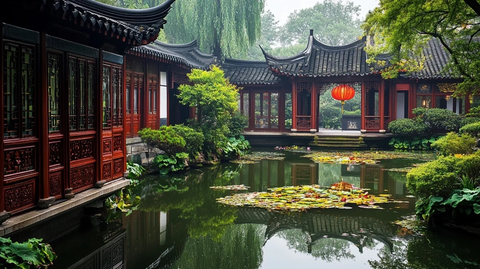 中式庭院景观池塘建筑倒影相映成趣