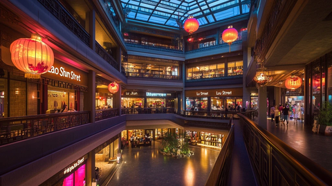 挂着红灯笼的商业街内景