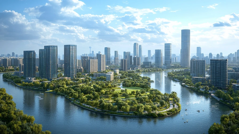 现代化城市中河流与绿地环绕的高楼景象