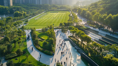 绿荫公园中人群漫步的全景景象